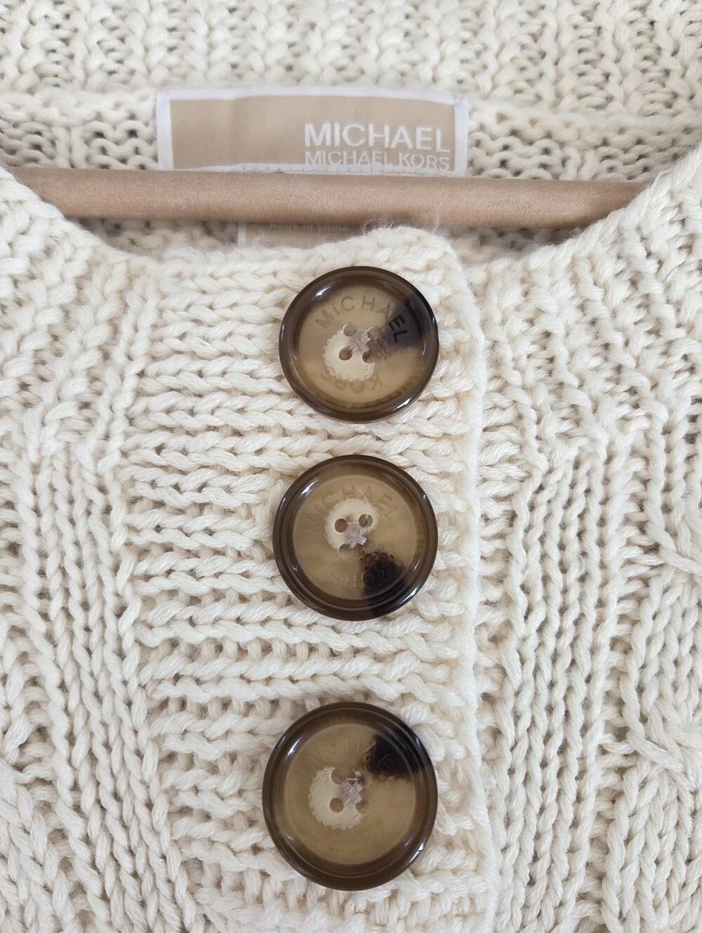 Michael Kors Wool Cable Knit Button Sweater Ivory Cardigan Boho Fall Chunky Knit